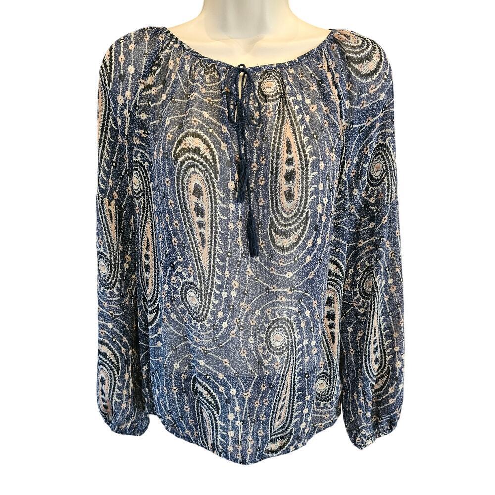 Lucky brand sheer chiffon blouse long sleeve boho peasant size M blue EUC career